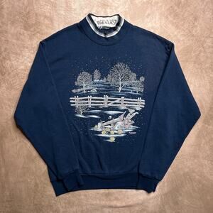 Vintage 90s Morning Sun Winter Night Farmhouse Sweatshirt Navy Bird Snow Cottage